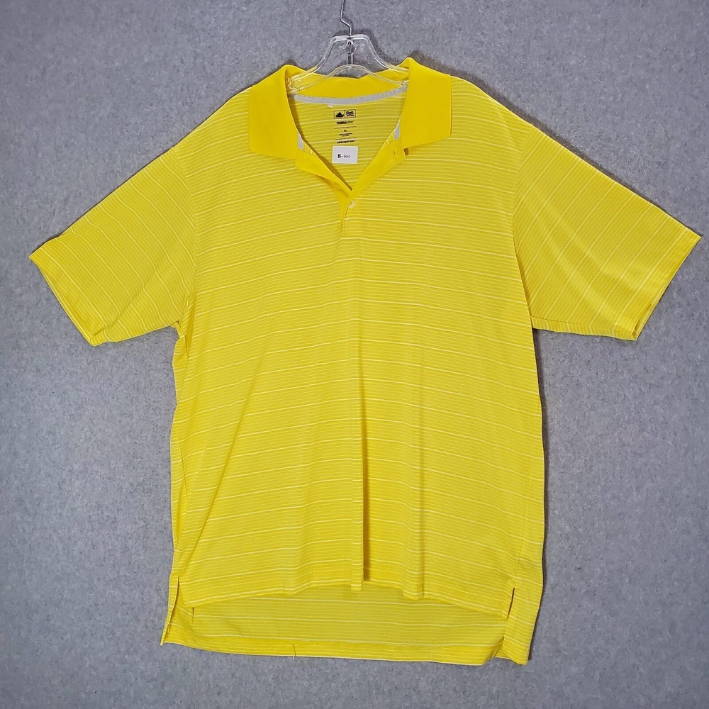 Adidas Men Activewear Shirt XL Yellow Striped Climalite Golf Collar Short Sleeve